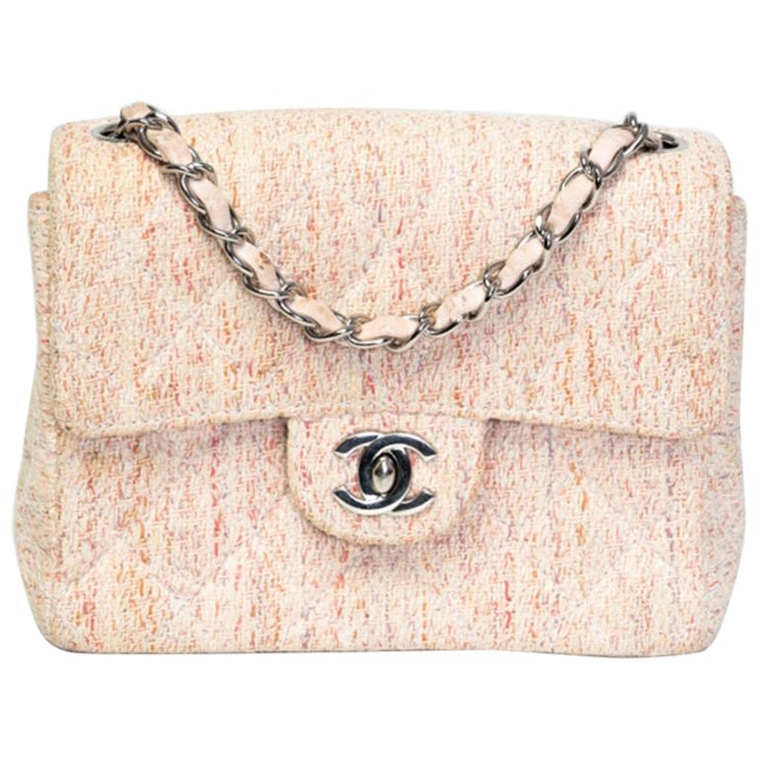 Chanel Vintage Pink Tweed Square Mini Classic Flap Bag For Sale at 1stDibs