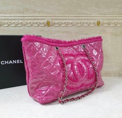Chanel Pink Tweed Quilted Vinyl Medium Shoulder Tote Bag