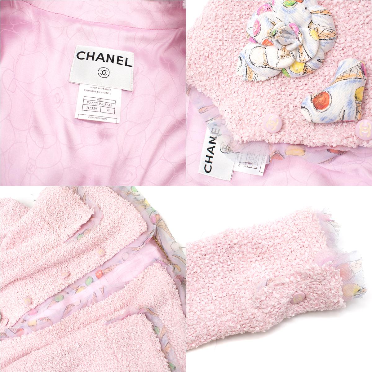 Chanel Pink Tweed Skirt Suit W/ Ice Cream Print Trim & Camellia SIZE FR 38 In Excellent Condition In London, GB