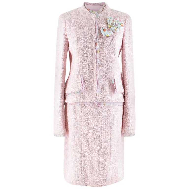 Chanel Pink Tweed Skirt Suit W/ Ice Cream Print Trim and Camellia SIZE FR 38  at 1stDibs