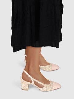 Chanel Pink Tweed Slingback Cap Toe Heels Size IT 36.5