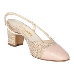 Chanel Pink Tweed Slingback Cap Toe Heels Size IT 36.5