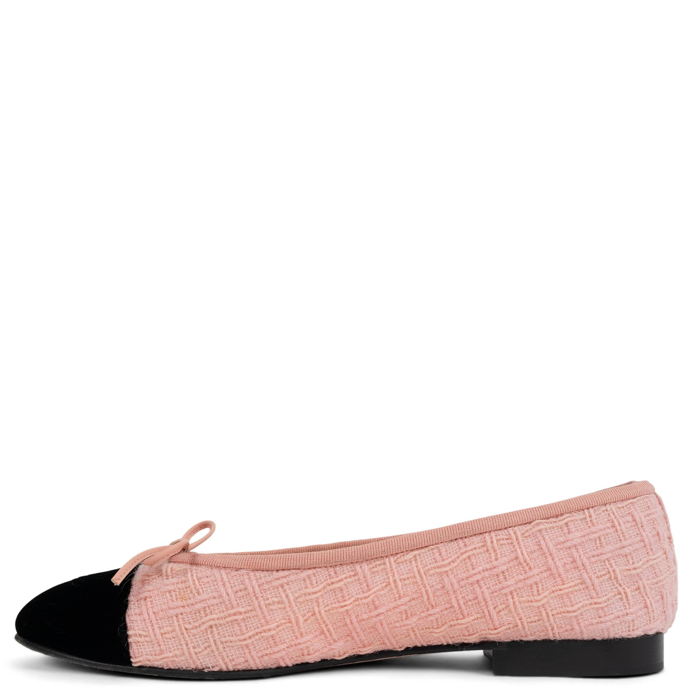 Beige Chanel rosa TWEED & VELVET CLASSIC BALLET Flats Shoes 38.5 fit 38 in vendita