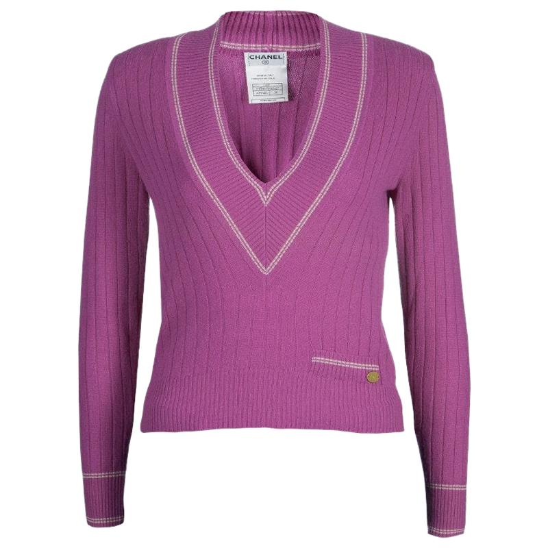 Chanel Pink V Neck Cashmere Sweater XS