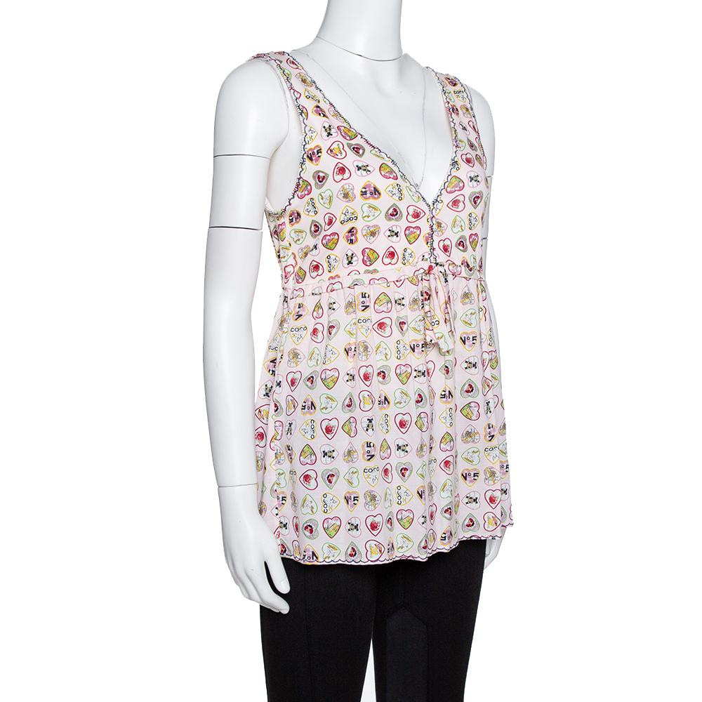 Chanel Rosa Valentine Druck gerippte Baumwolle ärmelloses Top L (Beige)