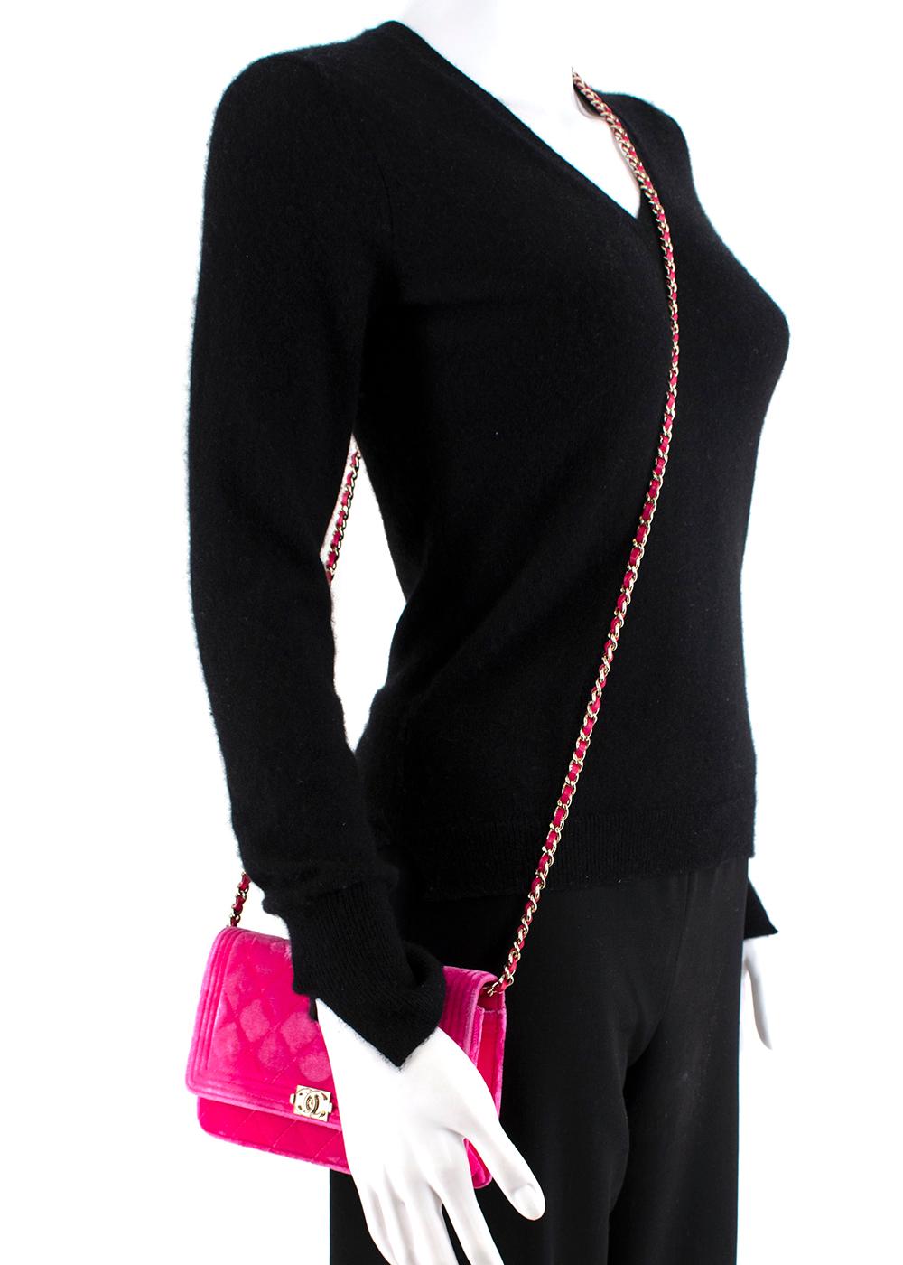 Chanel Pink Velvet Boy Wallet On Chain For Sale 3