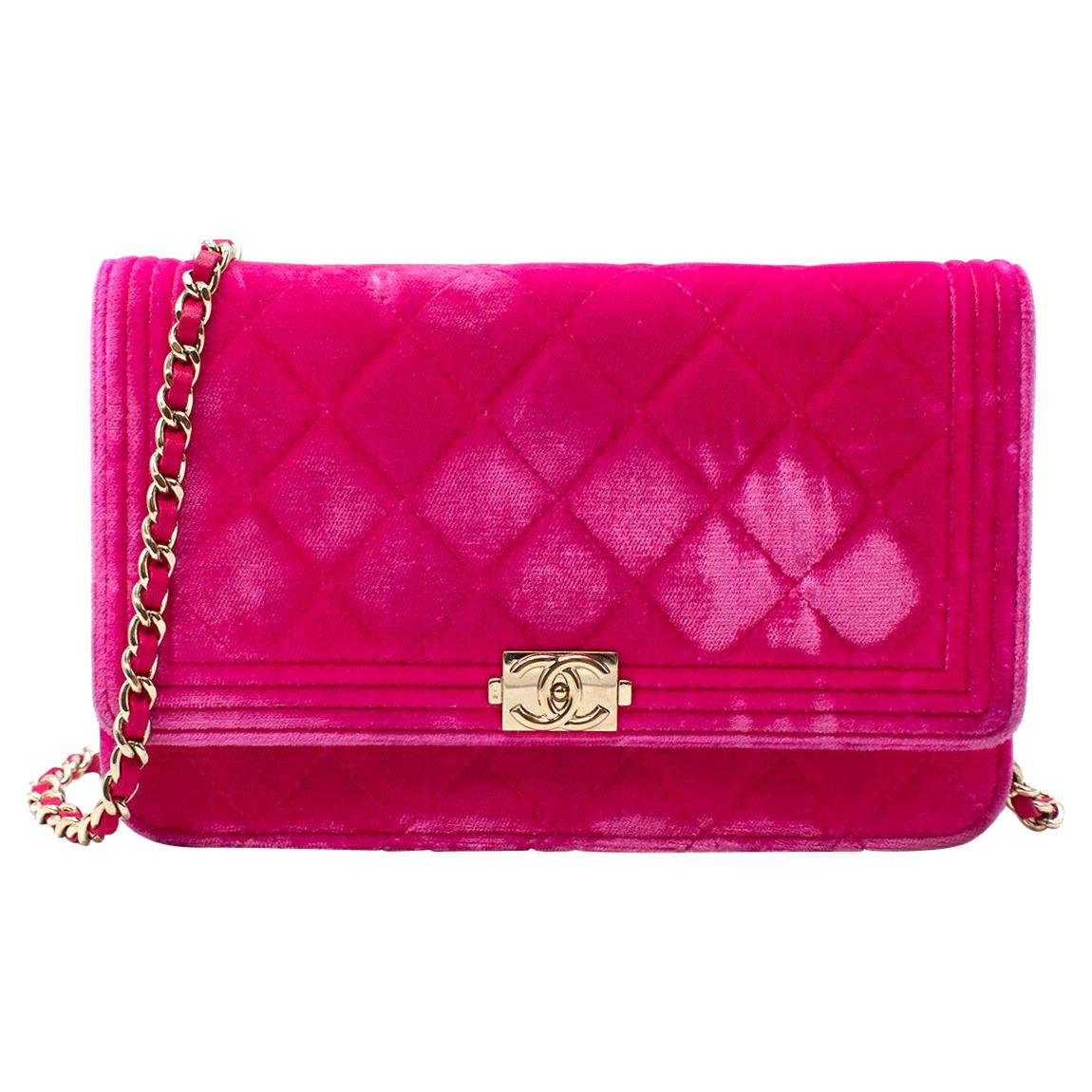 Chanel Pink Velvet Boy Wallet On Chain  For Sale