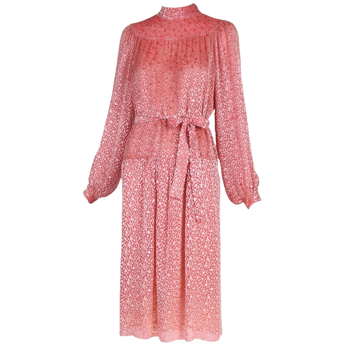 Chanel Pink Velvet Burnout Dress w/Self Belt ca. 1970's