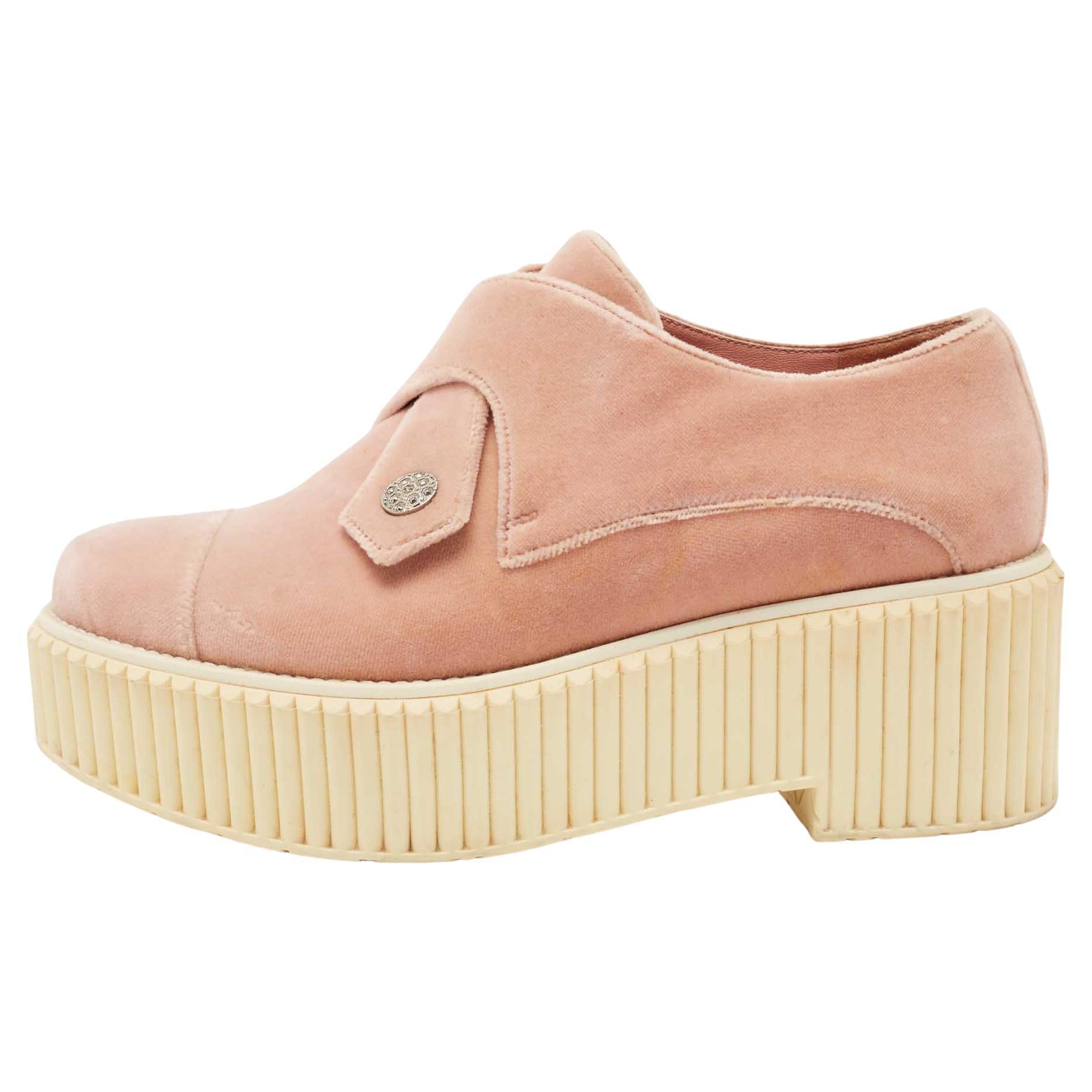 CHANEL Pink Velvet Platform Creepers Sneaker Shoes Sz 39 Loafers