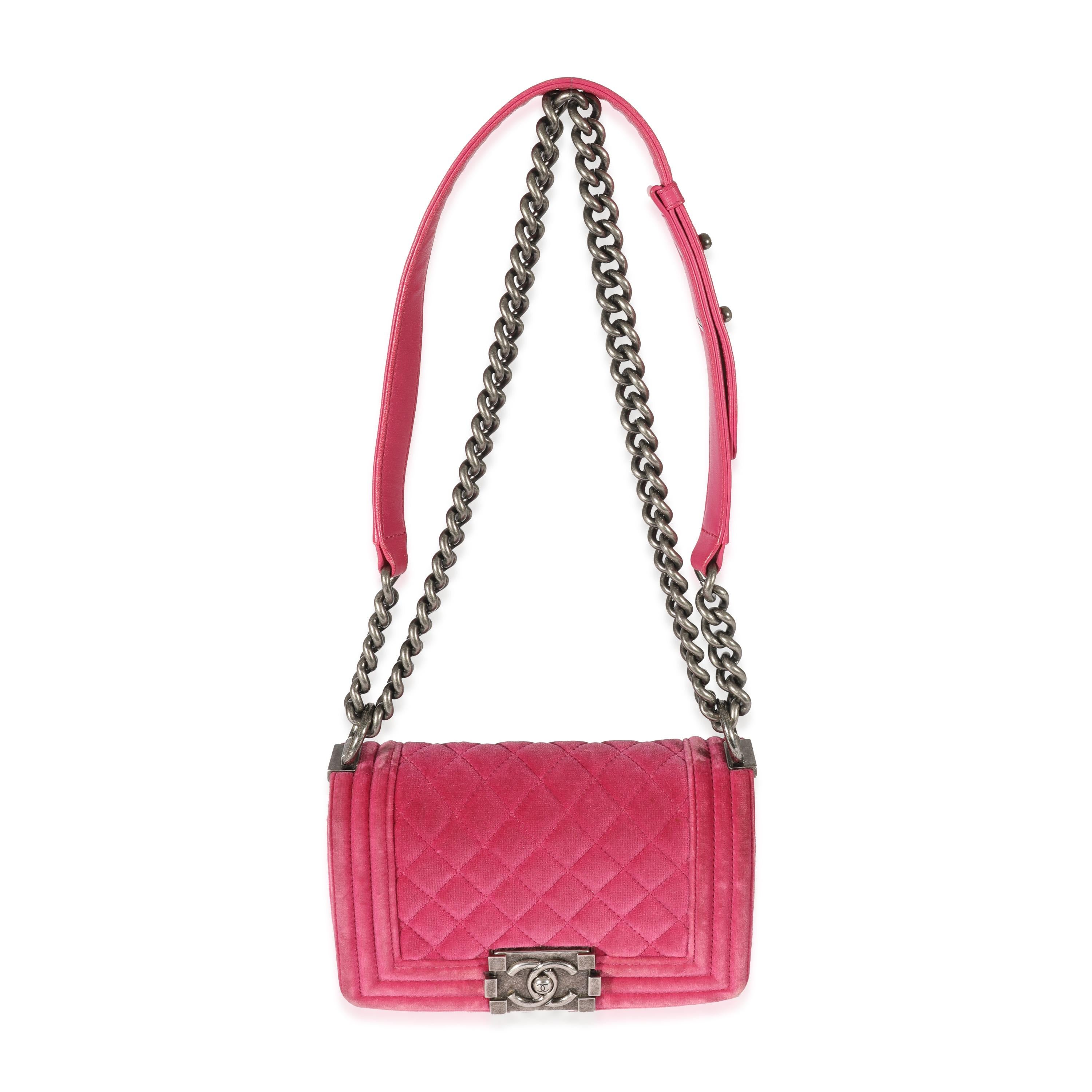 Listing Title: Chanel Pink Velvet Small Boy Bag
SKU: 129886
MSRP: 5400.00
Condition: Pre-owned 
Handbag Condition: Good
Condition Comments: Good Condition. Discoloration and scuffing throughout. Scratching to hardware. Scuffing to interior flap.