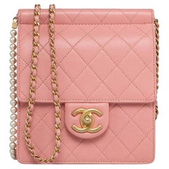 Chanel Pink Vertical Pearls Clutch with Chic Pearl Chain and Gold Hardware GHW