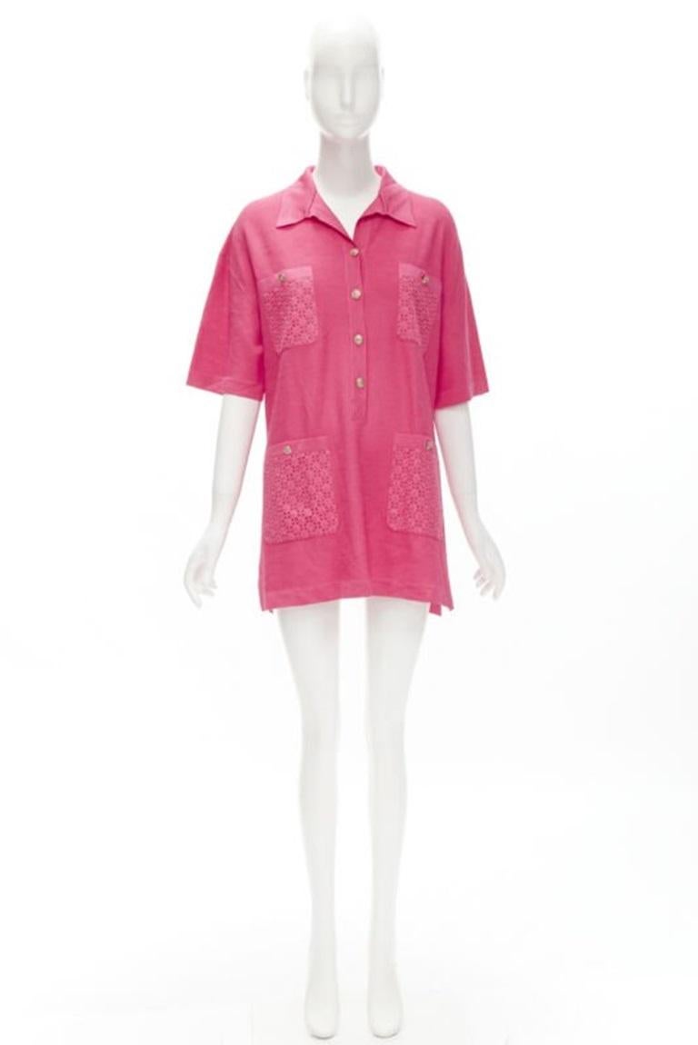 CHANEL pink viscose knit gold CC button embroidery anglais polo dress FR38 M For Sale 5