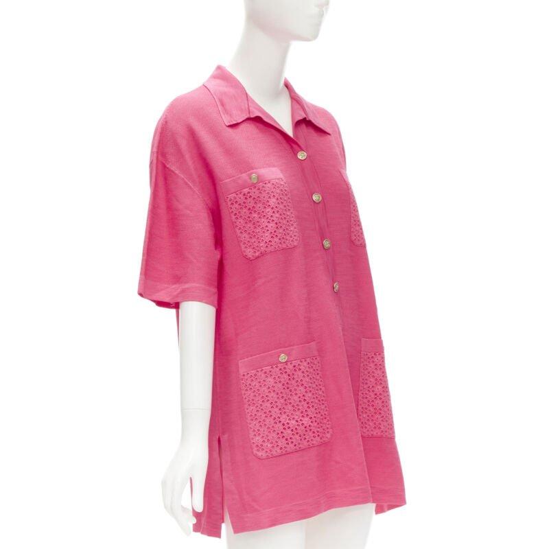 Pink CHANEL pink viscose knit gold CC button embroidery anglais polo dress FR38 M For Sale