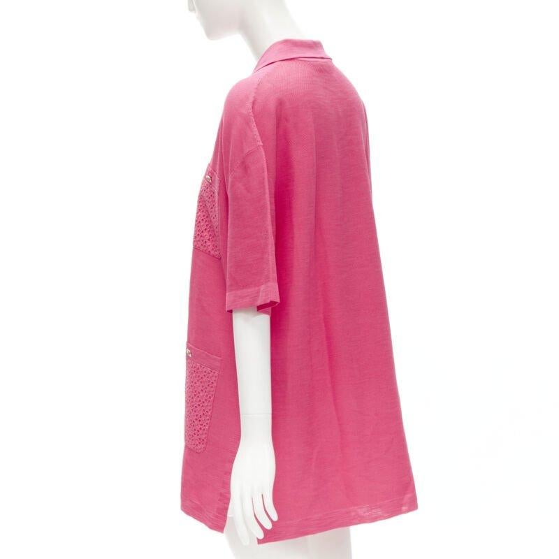 CHANEL pink viscose knit gold CC button embroidery anglais polo dress FR38 M For Sale 1