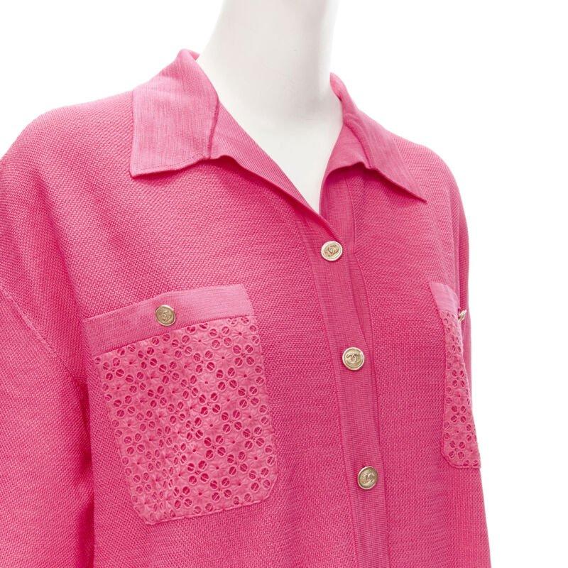 CHANEL pink viscose knit gold CC button embroidery anglais polo dress FR38 M For Sale 2