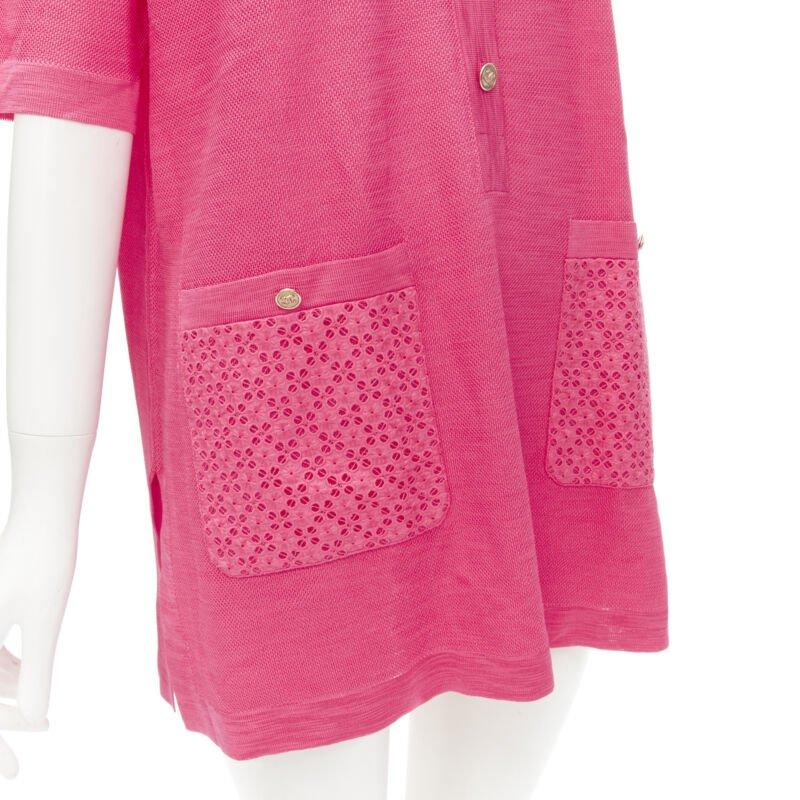CHANEL pink viscose knit gold CC button embroidery anglais polo dress FR38 M For Sale 3