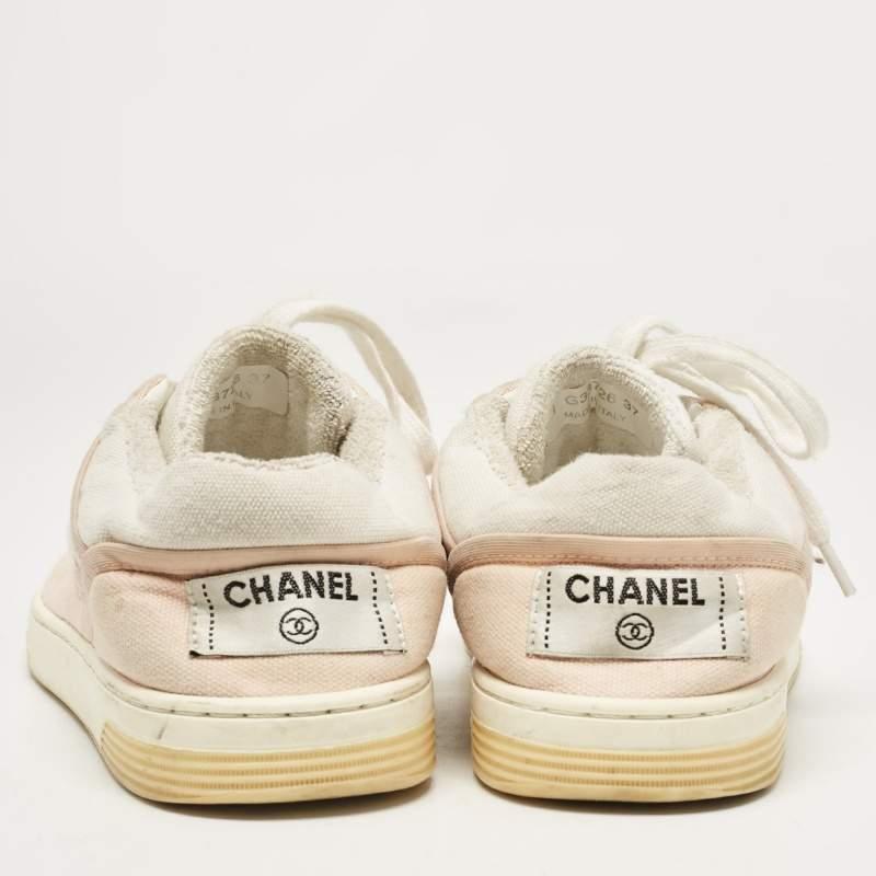 Donna Chanel Rosa/Bianco Tela CC Scarpe da Ginnastica Basse Taglia 37 in vendita