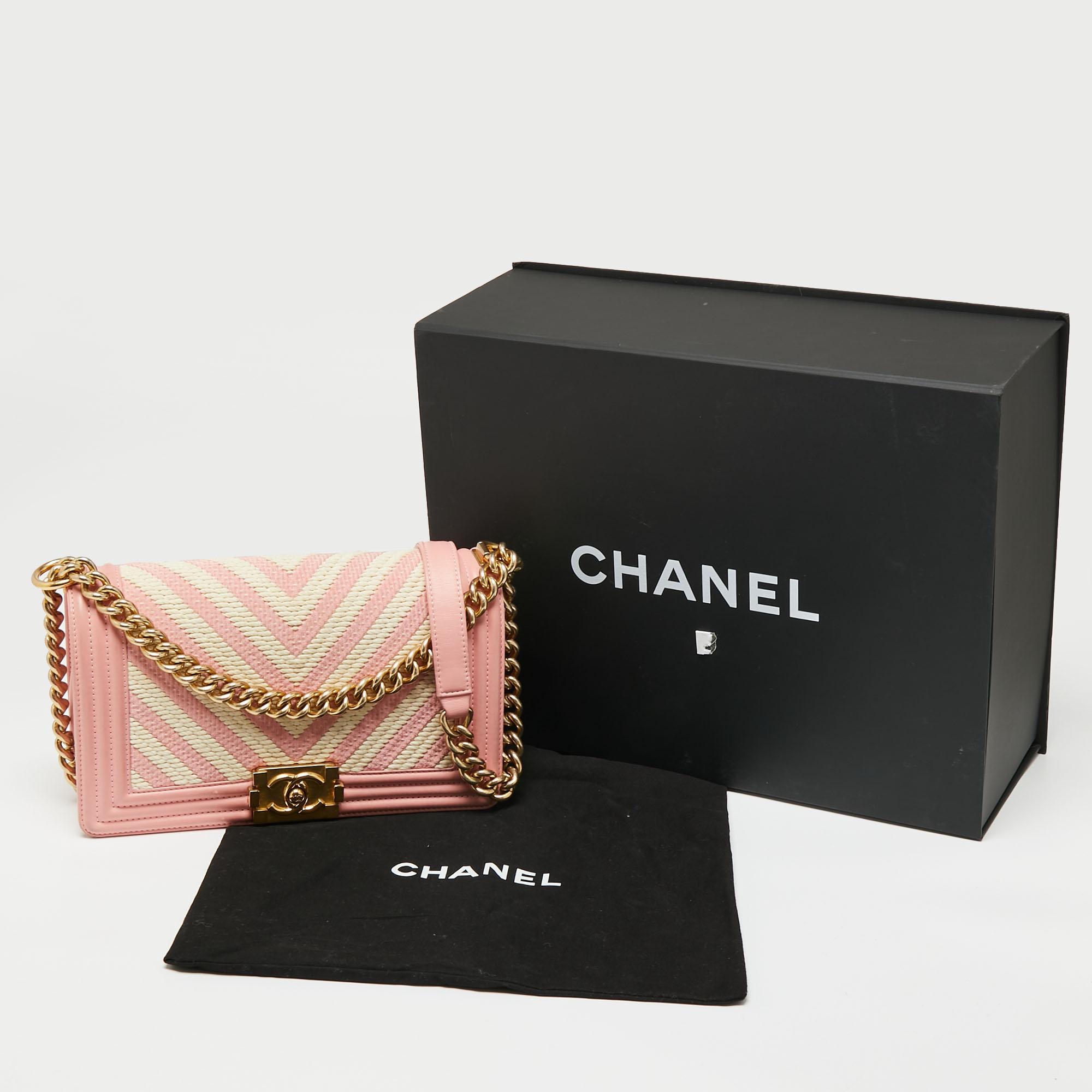 Chanel Pink/White Chevron Braided Fabric and Leather Medium Boy Flap Bag 5