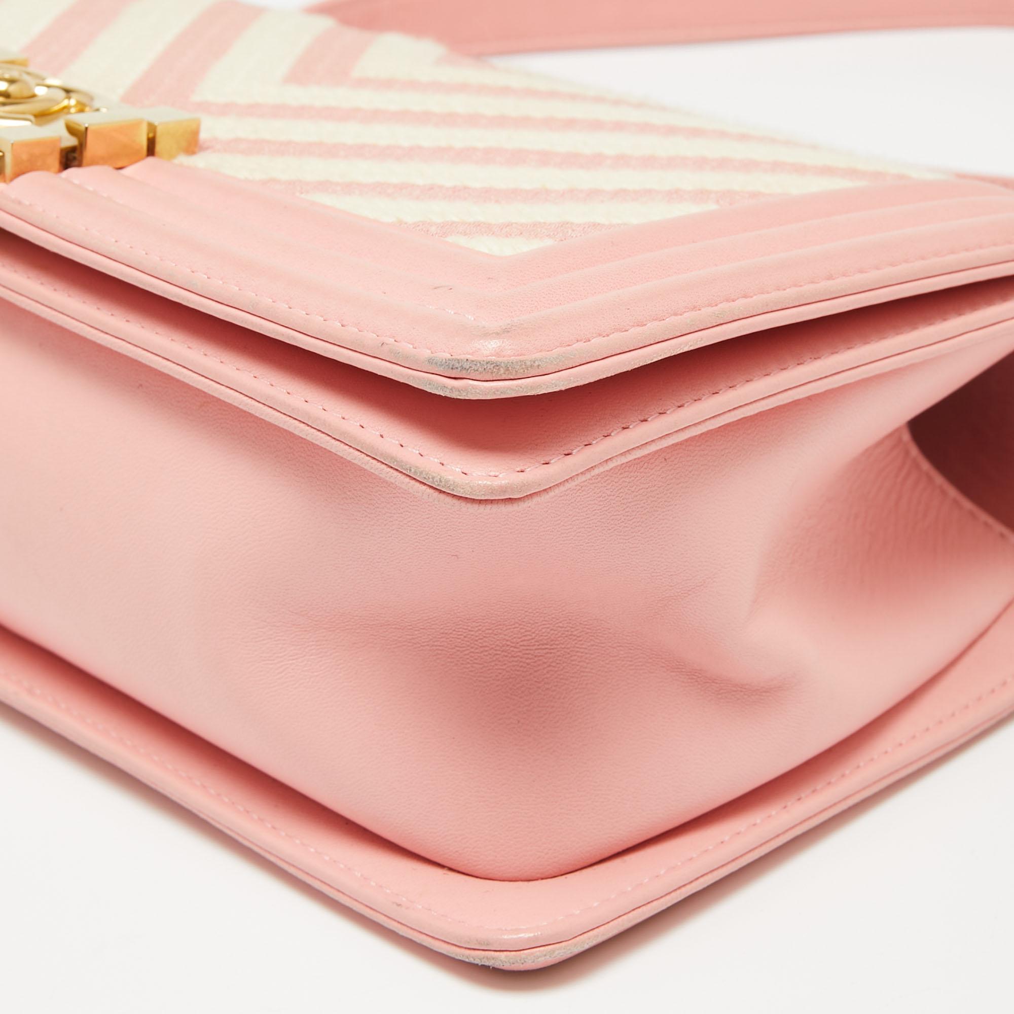 Women's Chanel Pink/White Chevron Braided Fabric and Leather Medium Boy Flap Bag