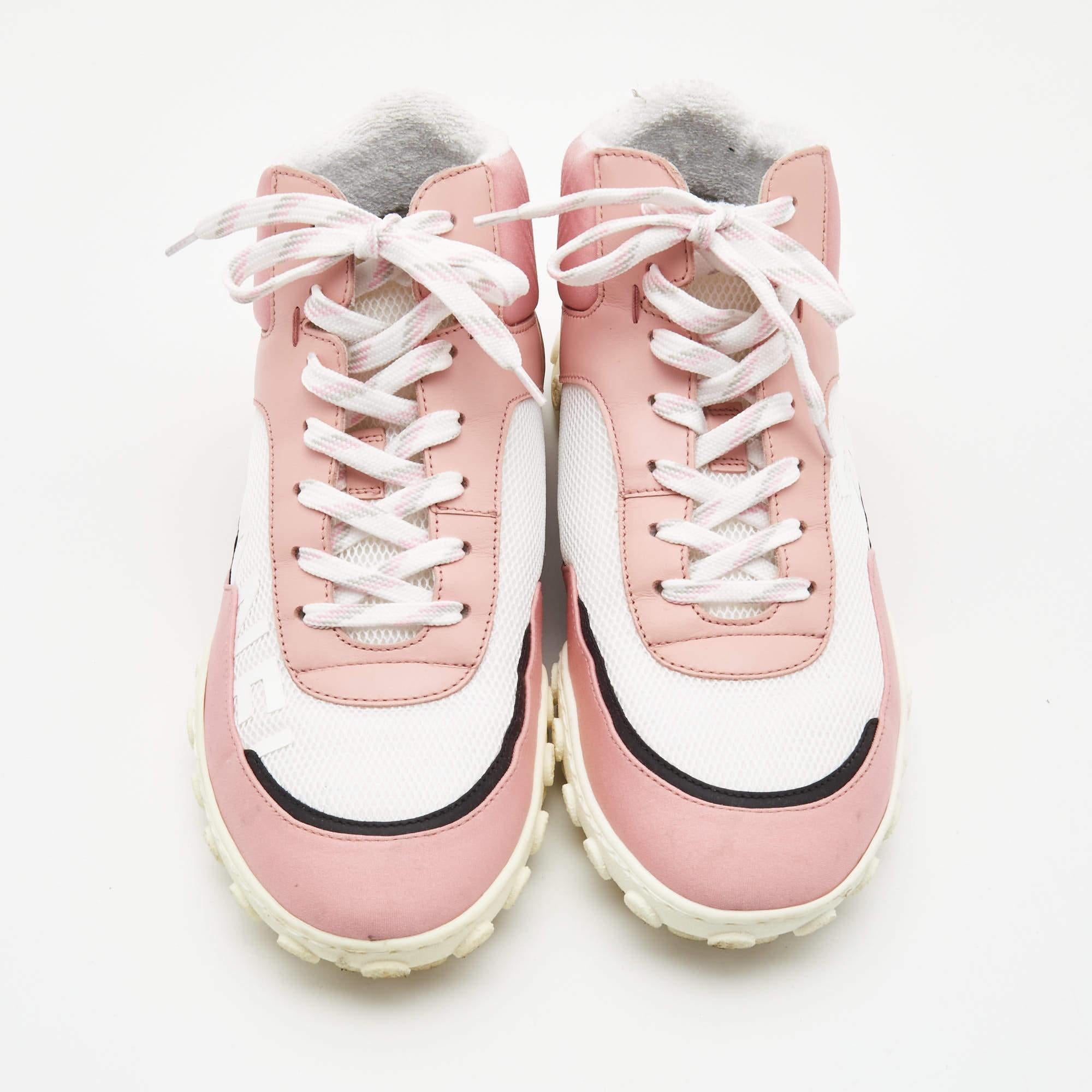 Chanel Pink Leather, Suede And Nylon CC Pearl Low Top Sneakers