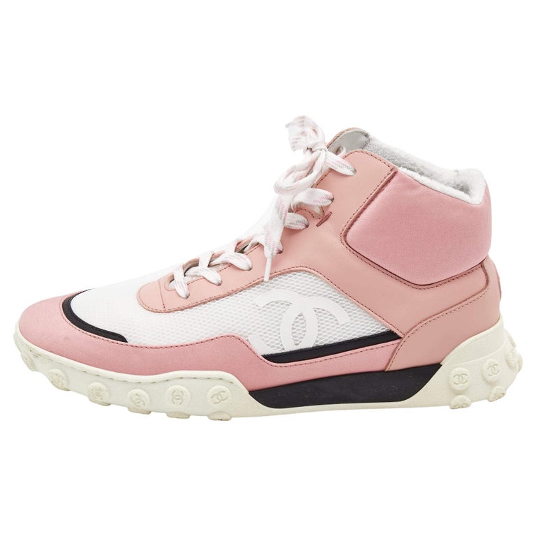 Chanel Pink/White Fabric and Mesh CC High Top Sneakers Size 37.5 For Sale  at 1stDibs