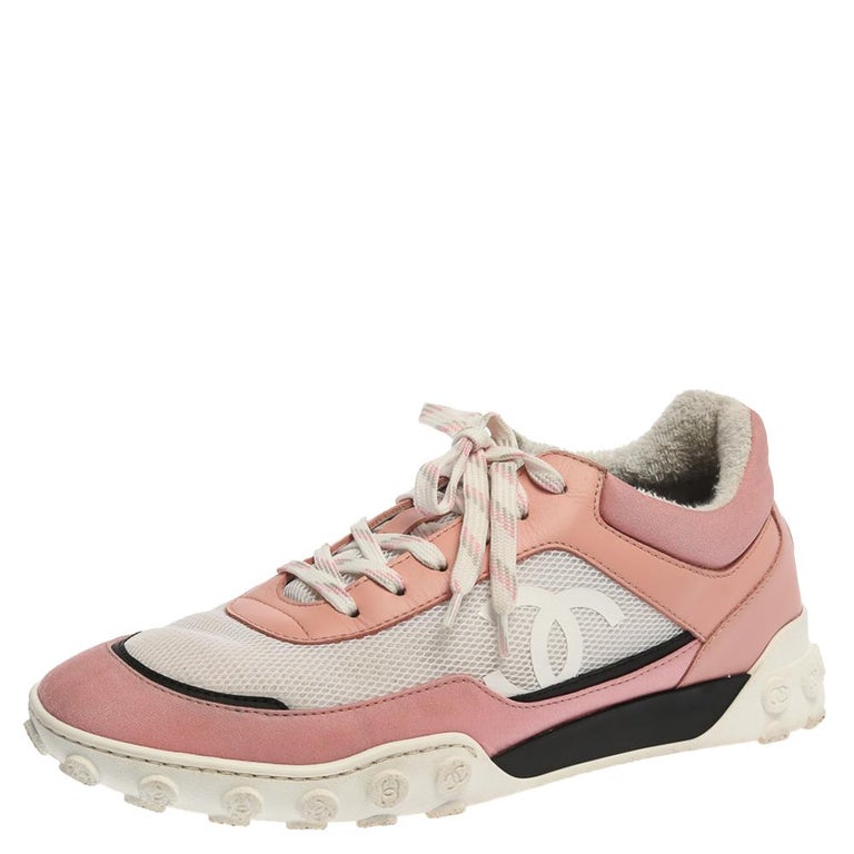 Chanel Pink/White Mesh And Leather CC Low Top Sneakers Size 40.5 at 1stDibs