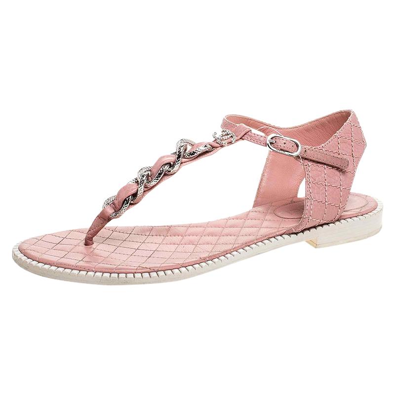 Chanel Pink/White Quilted Leather Chain Link Thong Flat Sandals Size 41