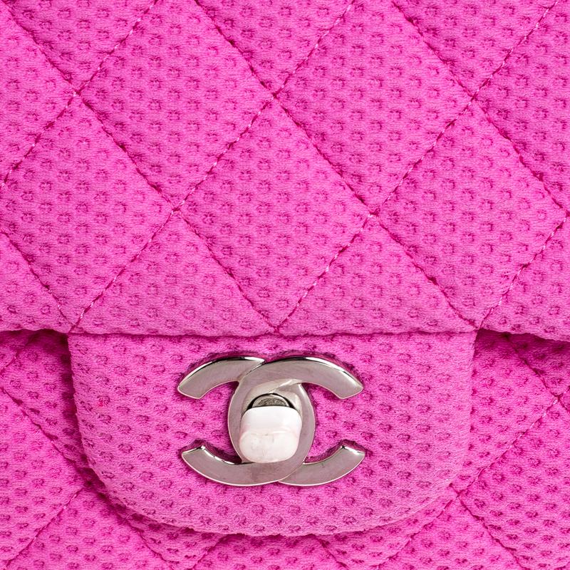 Chanel Pink/White Quilted Perforated Jersey Medium Classic Single Flap Bag 7