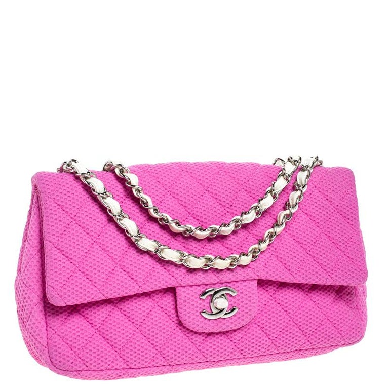Chanel Pink/White Quilted Perforated Jersey Medium Classic Single Flap Bag  For Sale at 1stDibs