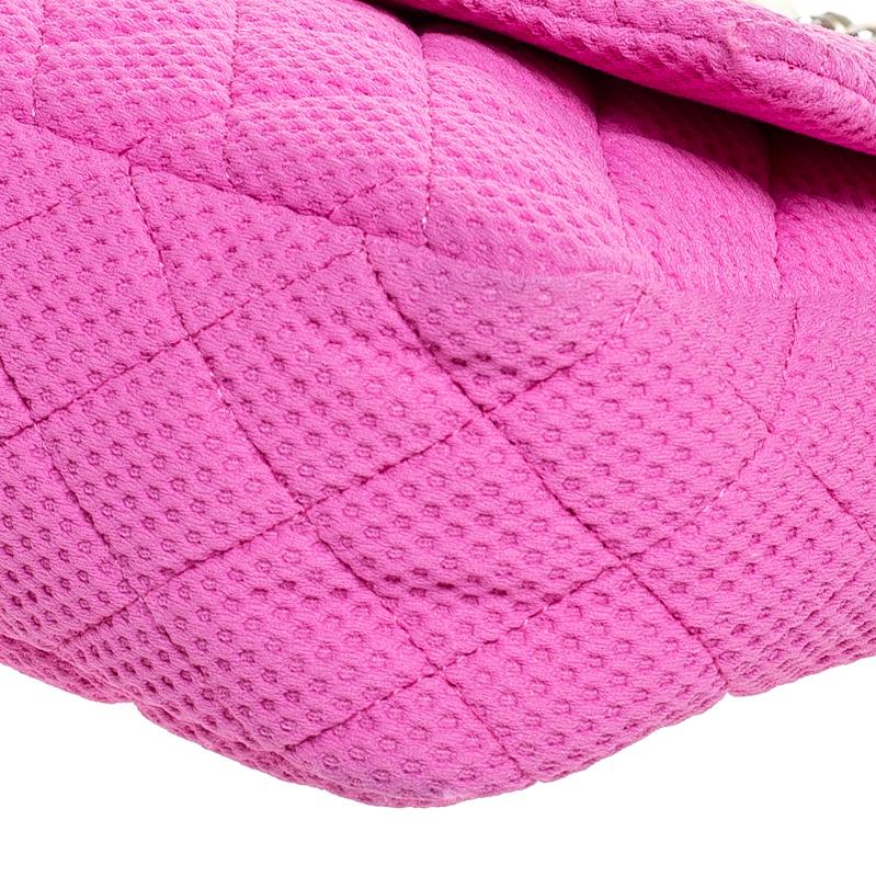 Chanel Pink/White Quilted Perforated Jersey Medium Classic Single Flap Bag 4