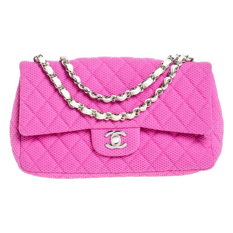 Chanel Pink/White Quilted Perforated Jersey Medium Classic Single Flap Bag