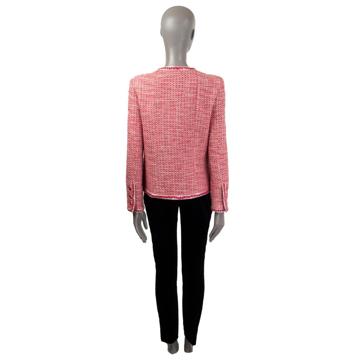 CHANEL rosa blanco lana Tweed FLOWER BROOCH Chaqueta Blazer 42 L Rosa