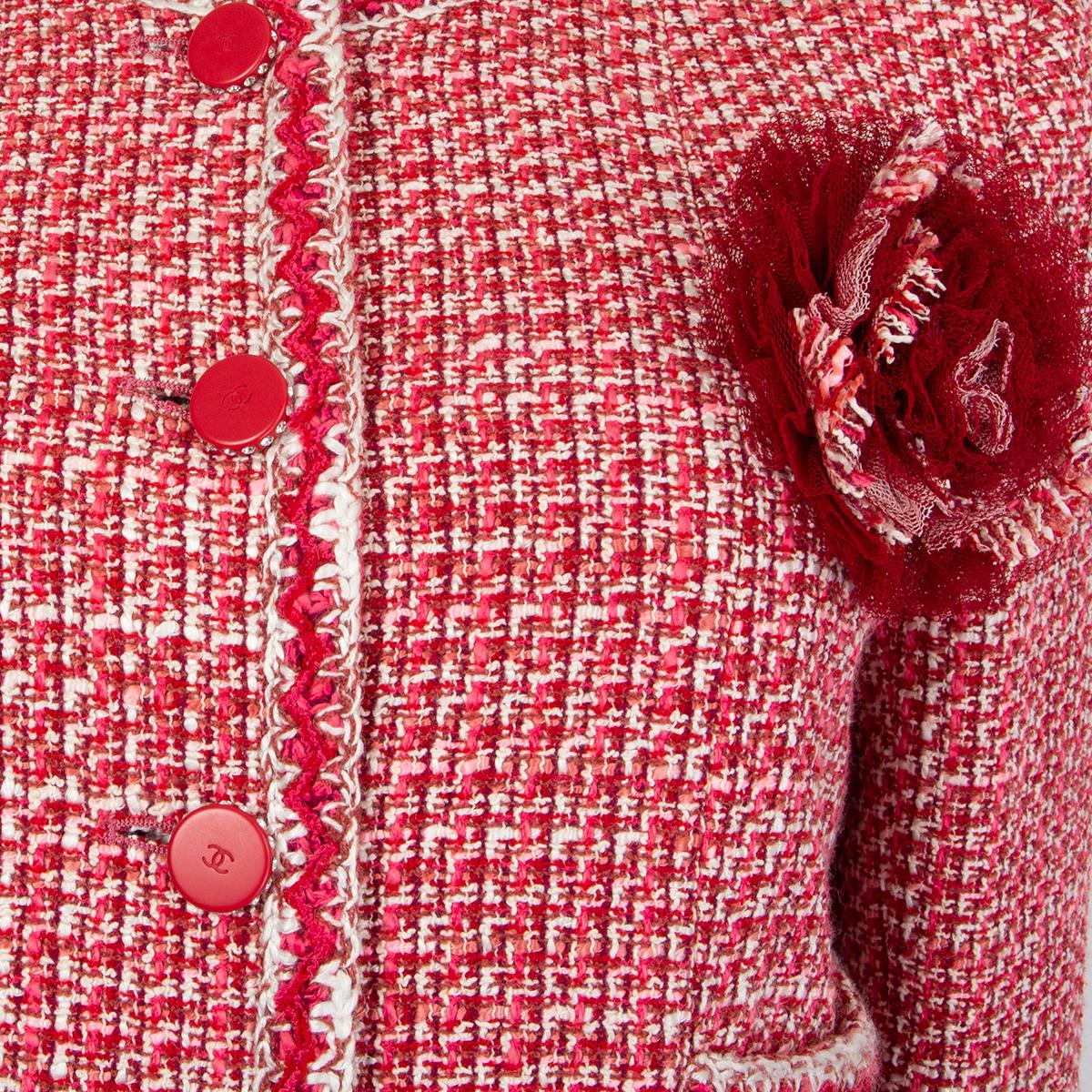 CHANEL rosa blanco lana Tweed FLOWER BROOCH Chaqueta Blazer 42 L 1