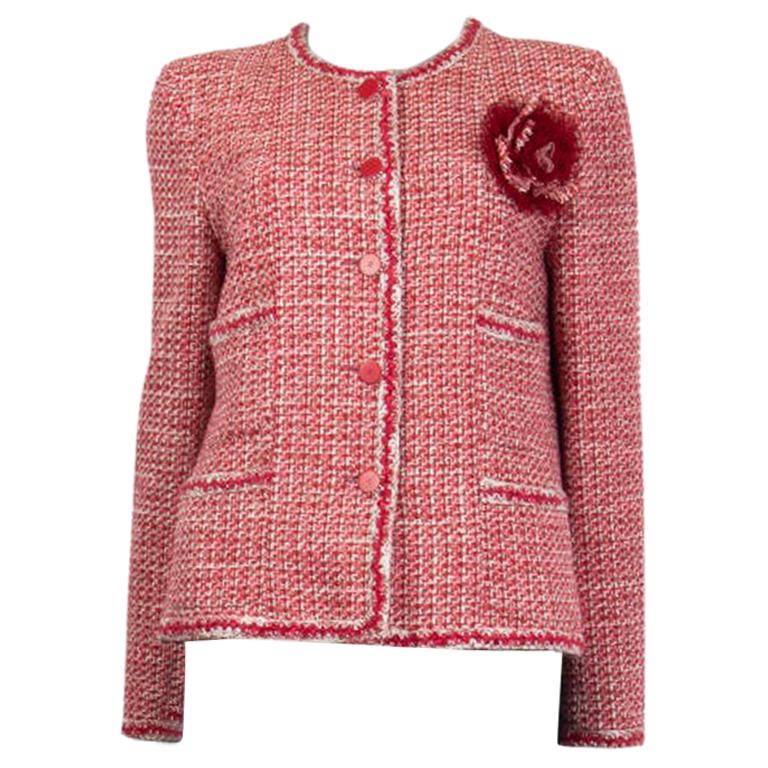 CHANEL pink white wool Tweed FLOWER BROOCH Blazer Jacket 42 L