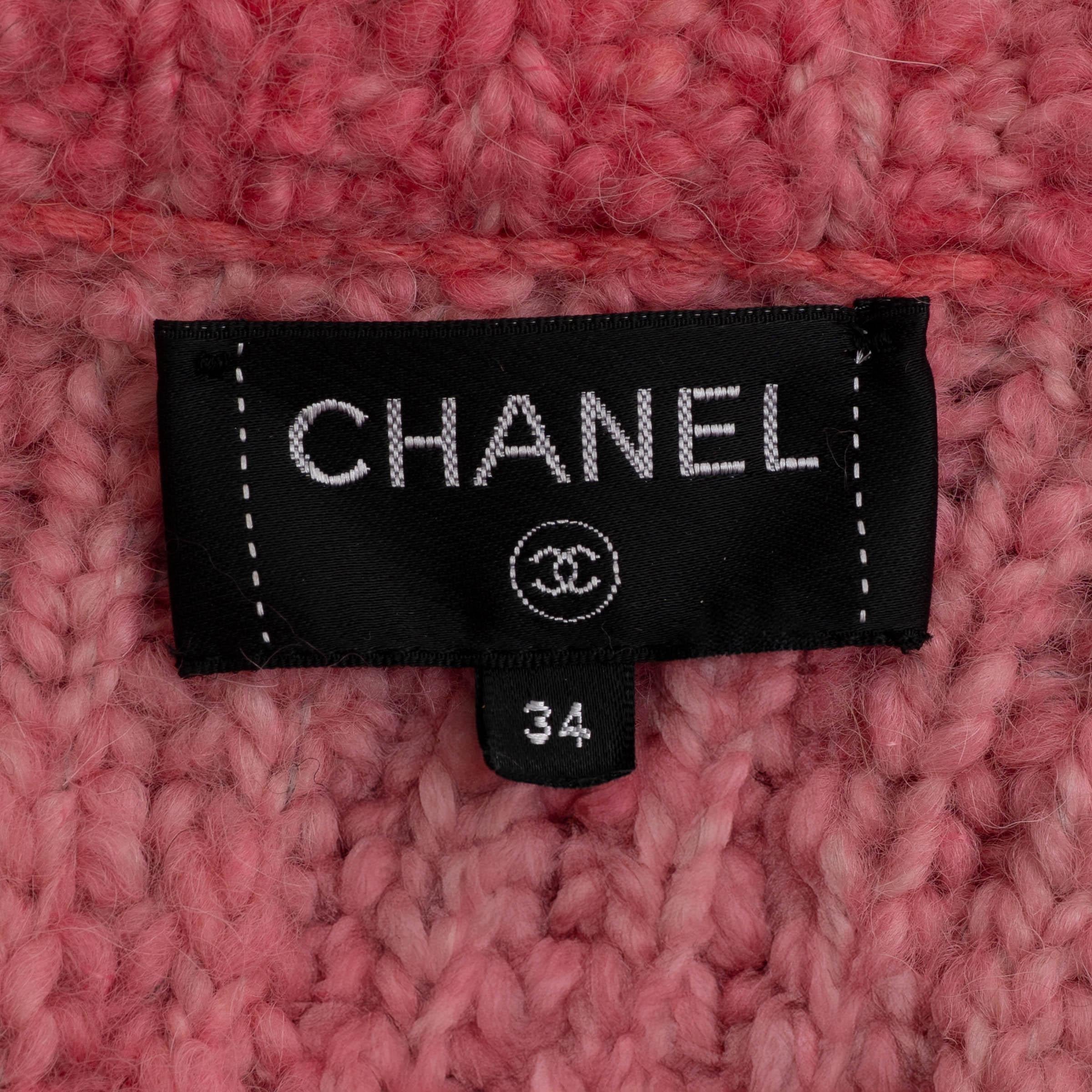 Chanel - Veste en laine et alpaga rose 20K FRINGE TRIM tricotée 34 XS en vente 1