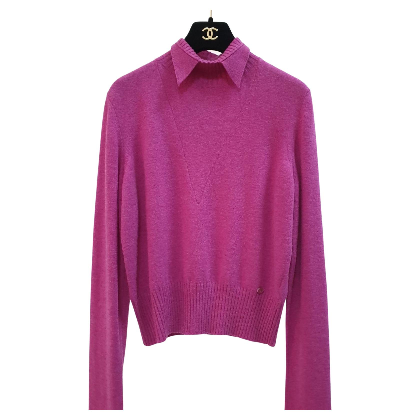 Chanel Pink Wool Pointed Up Collar Long Sleeves Sweater For Sale