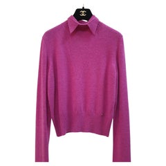 Used Chanel Pink Wool Pointed Up Collar Long Sleeves Sweater