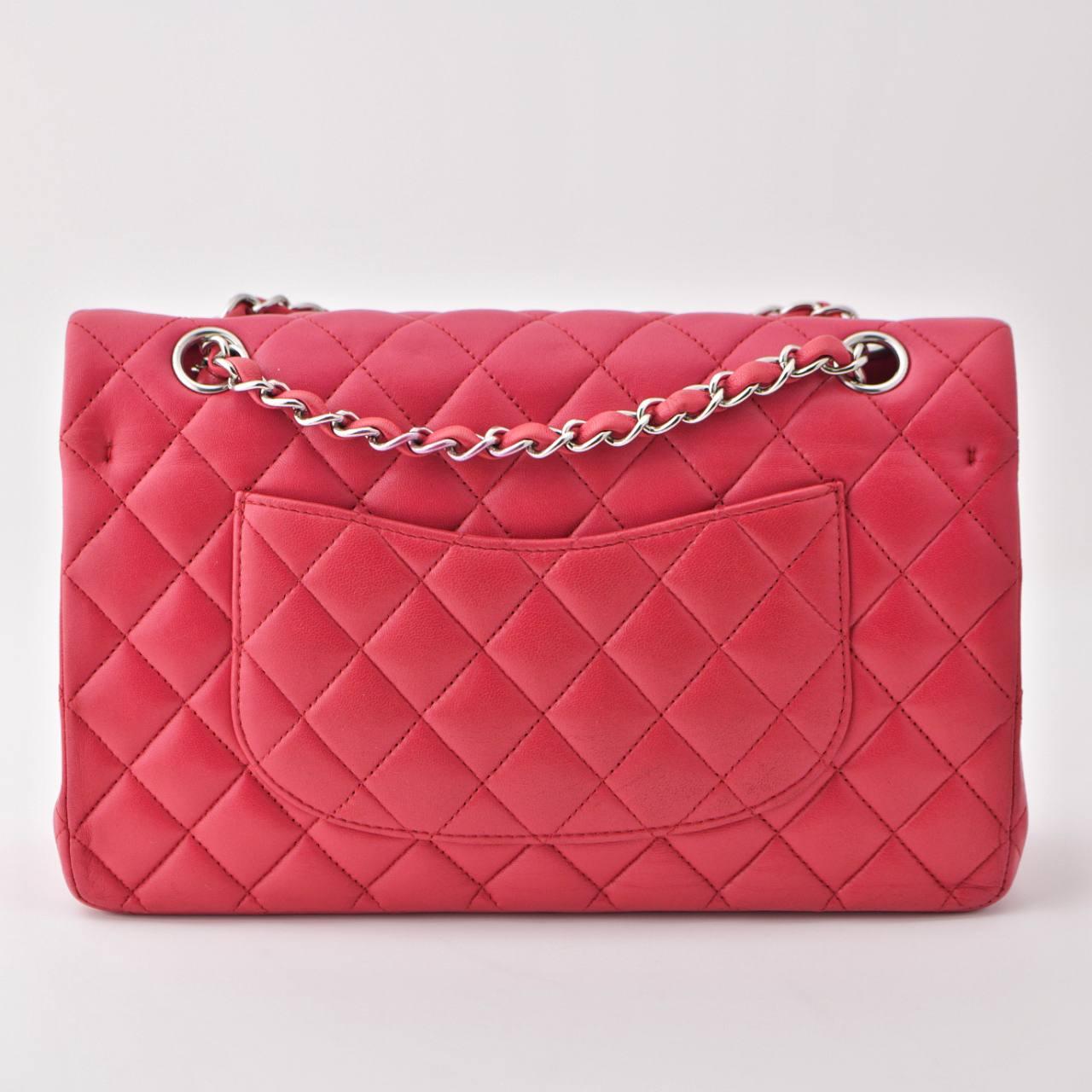 CHANEL Pinkish Red Quilted Lambskin Timeless Classic Medium Double Flap Bag In Excellent Condition In Banbury, GB