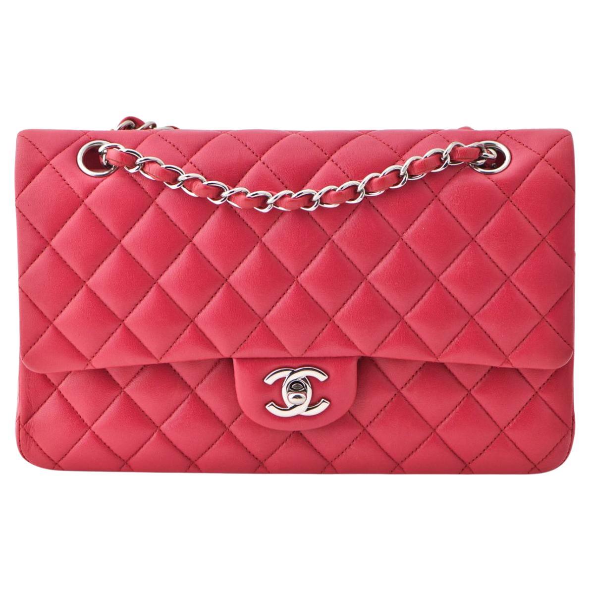 CHANEL Pinkish Red Quilted Lambskin Timeless Classic Medium Double Flap Bag