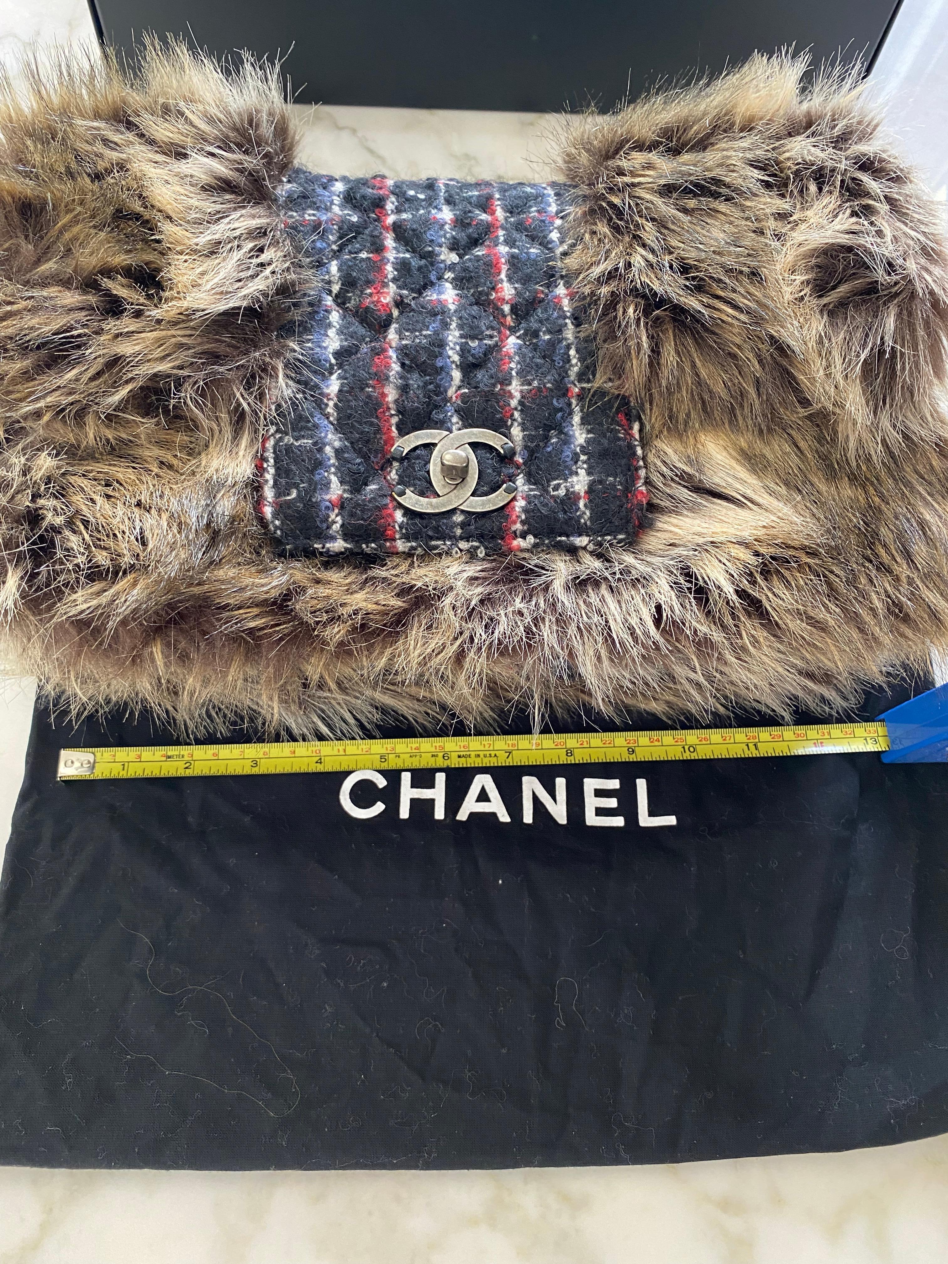 CHANEL Plaid Purse with Faux Fur 3