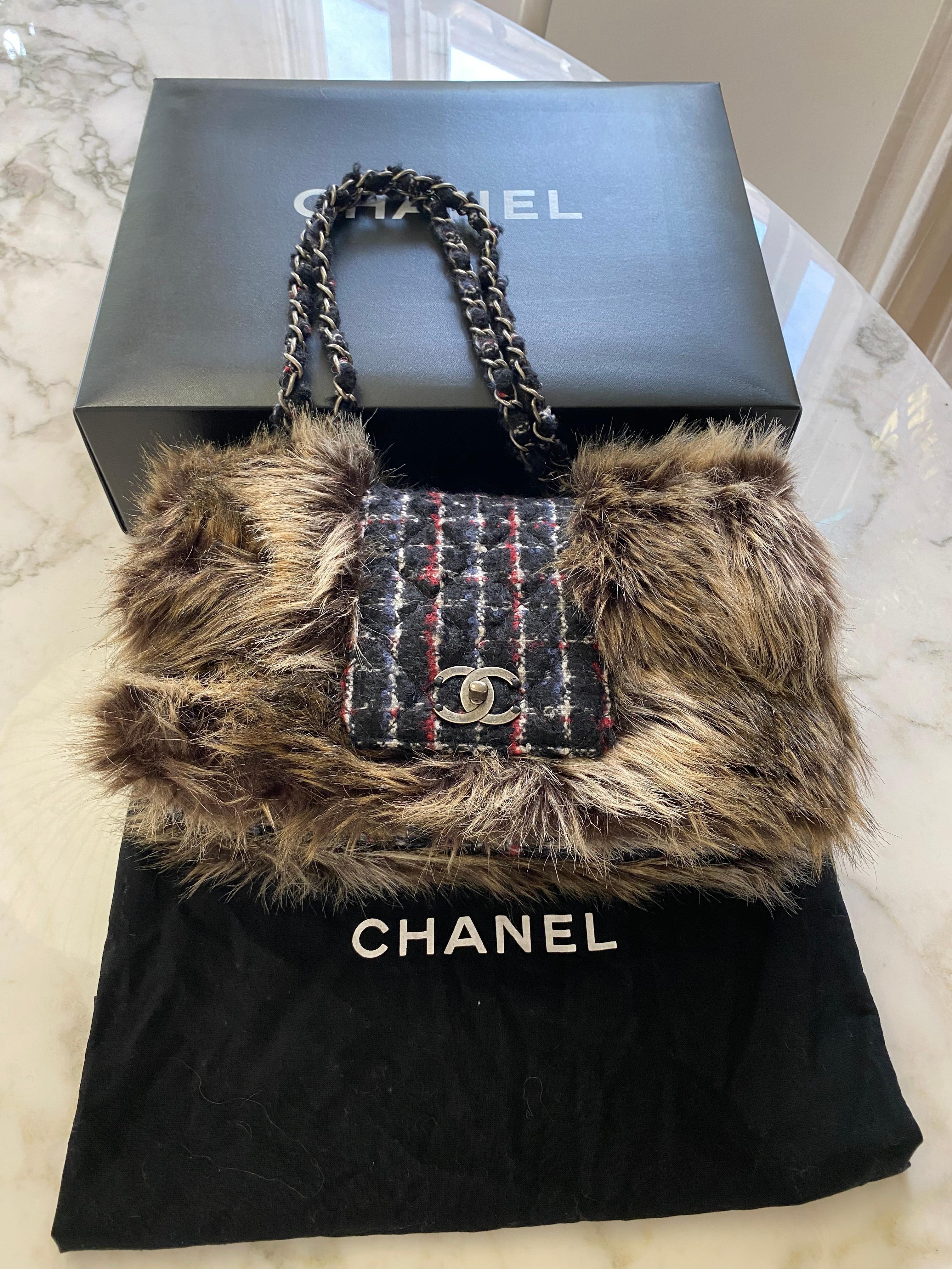 CHANEL Plaid Purse with Faux Fur 7