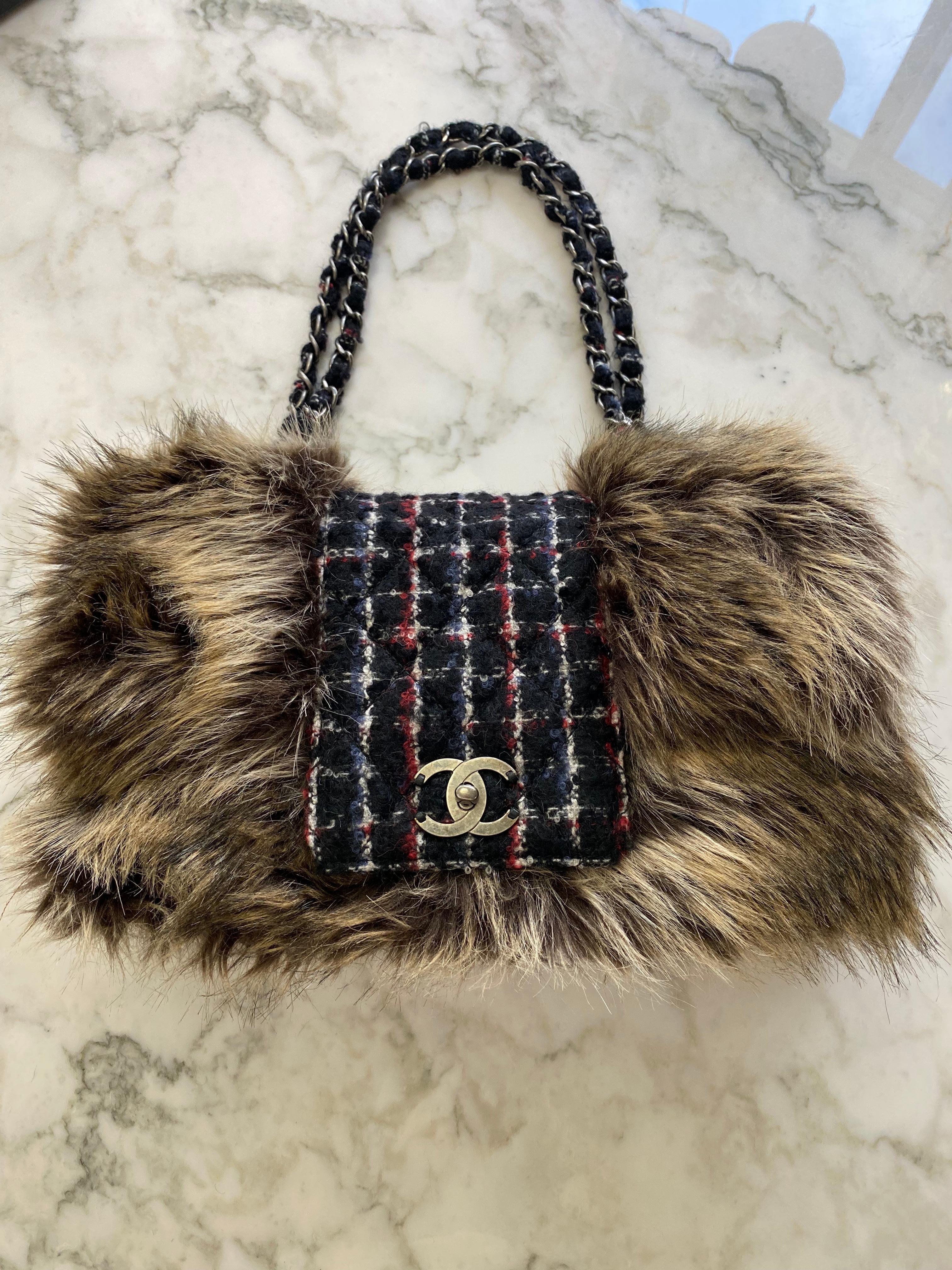 CHANEL Plaid Purse with Faux Fur 8