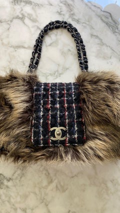 CHANEL Plaid Purse with Faux Fur