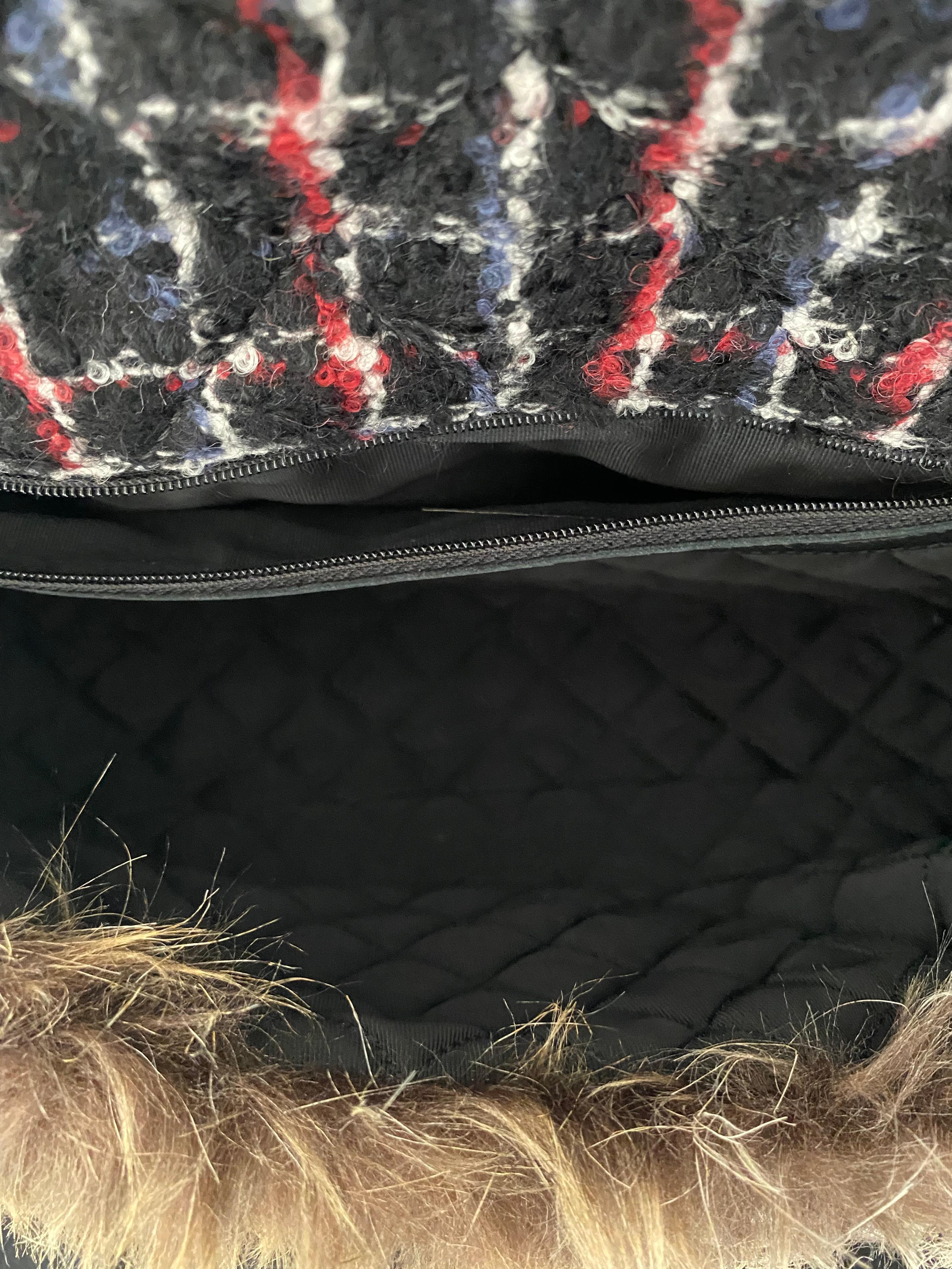 CHANEL Plaid Purse with Faux Fur In New Condition In Beverly Hills, CA