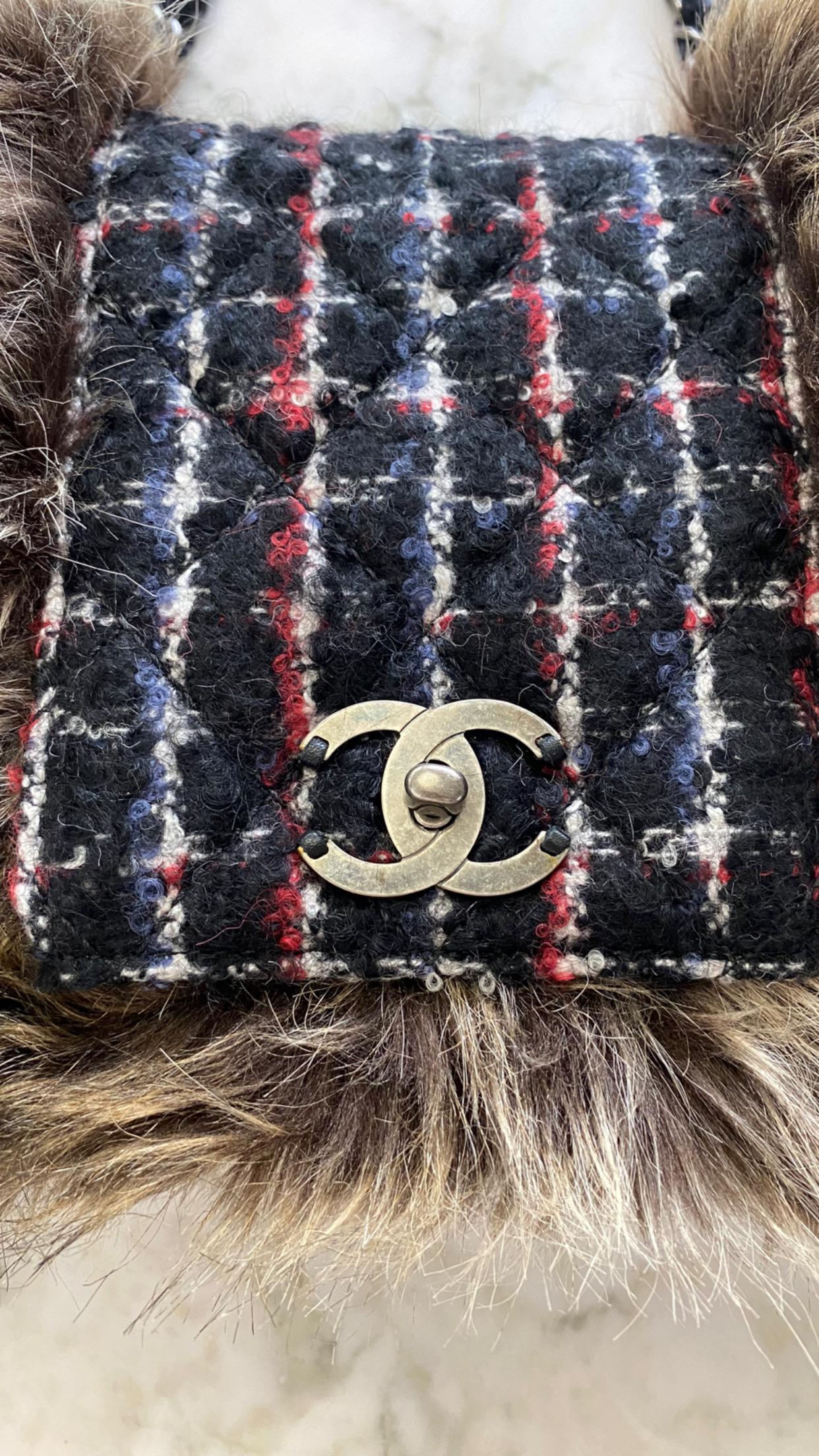 CHANEL Plaid Purse with Faux Fur 2