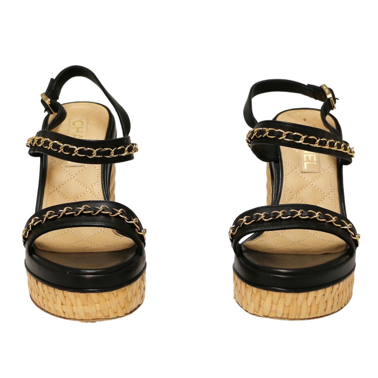 Amazing Chanel Platform shoes, in very good condition

Condition : very good
Made in Italy
Size : 38.5FR / 8US
Material : leather, raffia
lining : beige leather
Color:  black
Dimensions : platform height: 8 cm, sole length: 25 cm
Serial number: