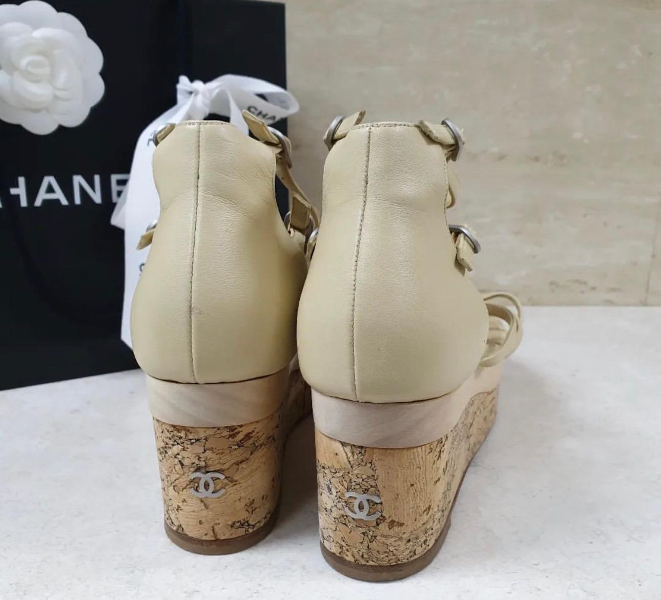 Women's Chanel Platform Wedge Camellia Beige Sandals 