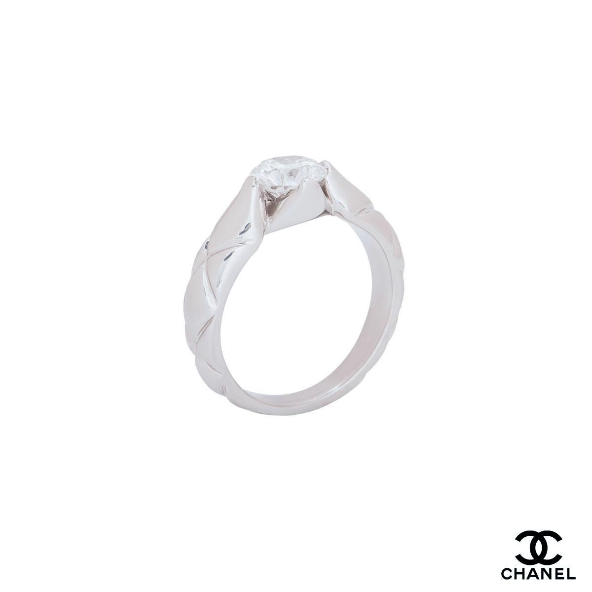 A platinum diamond engagement ring by Chanel from the Coco Crush collection. The ring comprises of a round brilliant cut diamond in a four claw setting with a weight of 1.03ct, F colour and VS1 clarity. The ring is a size UK R/US 8.5/EU 58 but can