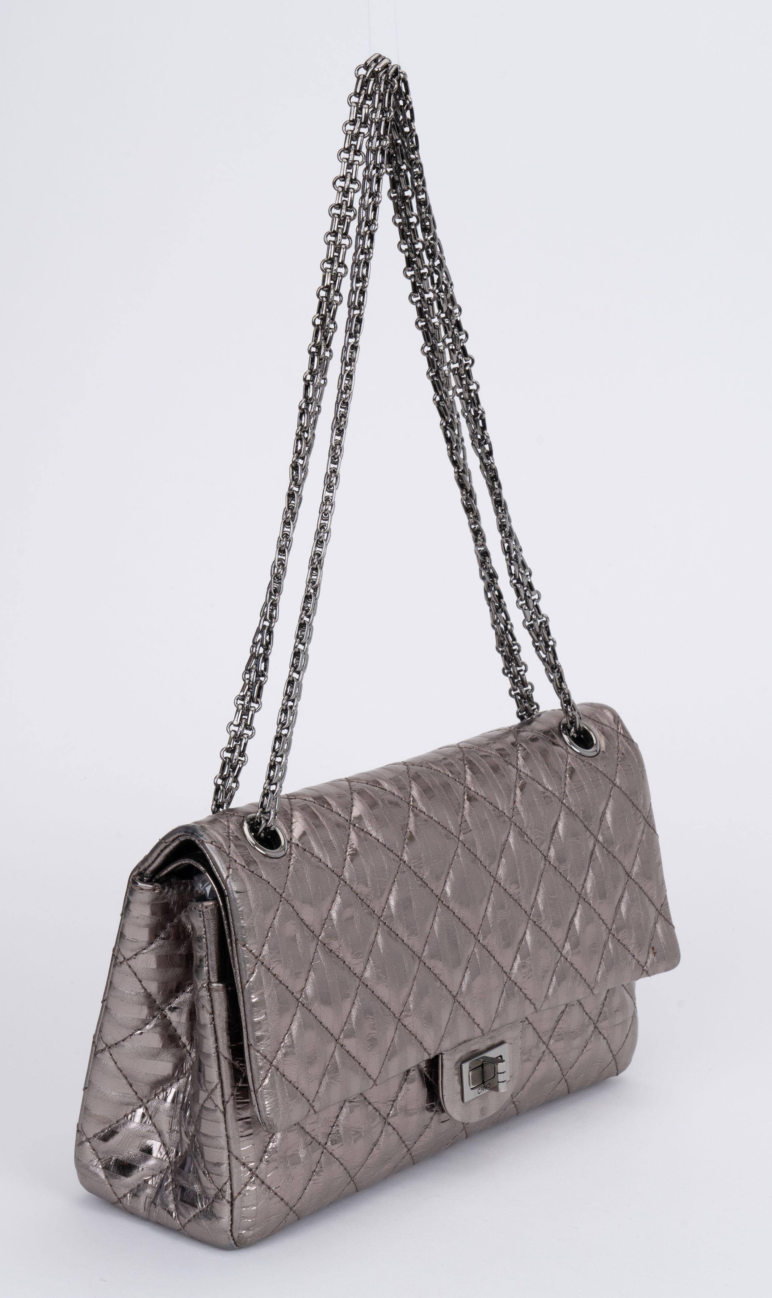 Chanel reissue double flap in platinum leather and gunmetal hardware. 