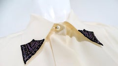 Chanel Pleated Cream Silk Blouse With Beaded Lace Accents circa 2002